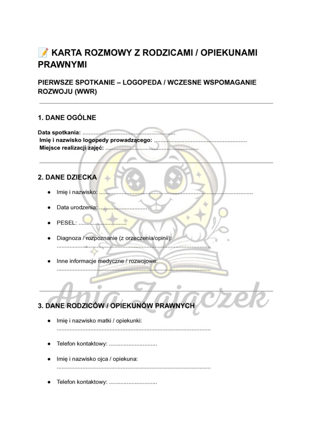 Karta rozmowy z rodzicami na pierwsze spotkanie logopedy WWR Wczesne Wspomaganie Rozwoju Logopeda