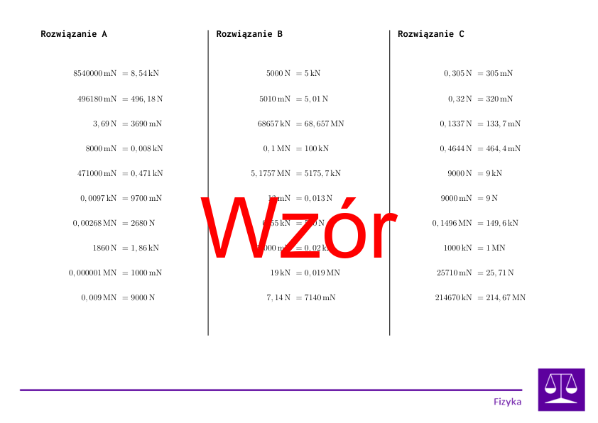 Konwersja jednostek siły | matematyka | 26 kolumn