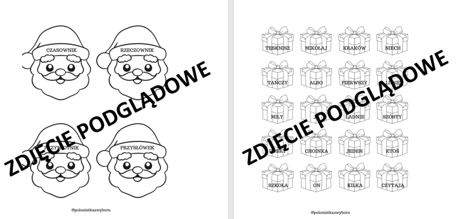 Mikołajki, karta pracy, świąteczna lekcja j. polskiego, części mowy