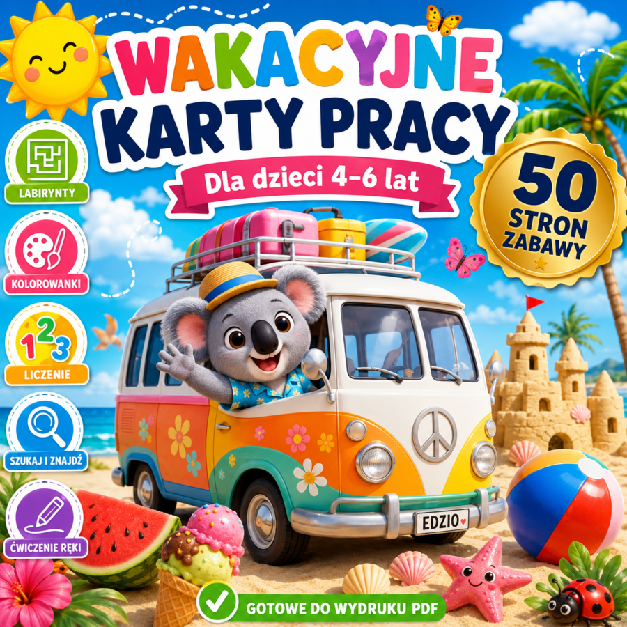 WAKACYJNE KARTY PRACY 4-6 lat, pakiet edukacyjny, karty pracy do druku, lato, kolorowanki, labirynty, motoryka, po śladzie, liczenie, dopasowywanie, cienie, połącz, puzzle, przedszkolaki, koniec roku