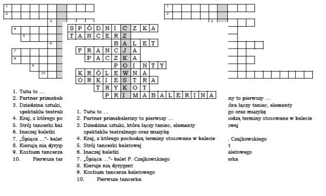 Logogryf na podsumowanie lekcji muzyki o balecie