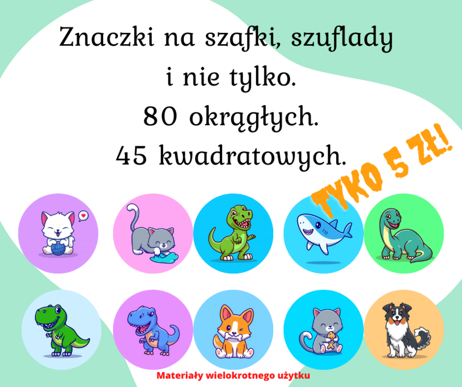 Znaczki do szafki, na półki czy szuflady.