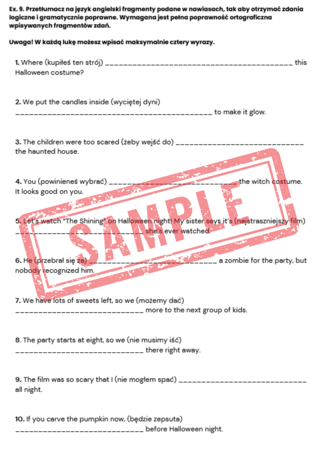 Egzamin Ósmoklasisty – HALLOWEEN | Zestaw zadań egzaminacyjnych z języka angielskiego (reakcje językowe, uzupełnianie dialogów, czytanie ze zrozumieniem, tłumaczenia, e-mail)