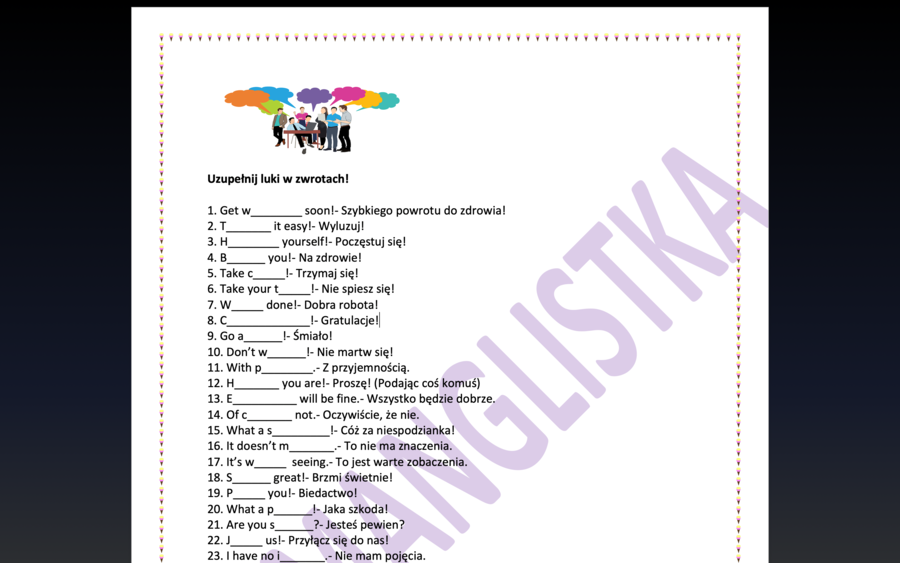 100 przydatnych zwrotów sytuacyjnych z lukami- MEGA TRENING PRZED EGZAMINEM ÓSMOKLASISTY Z KLUCZEM
