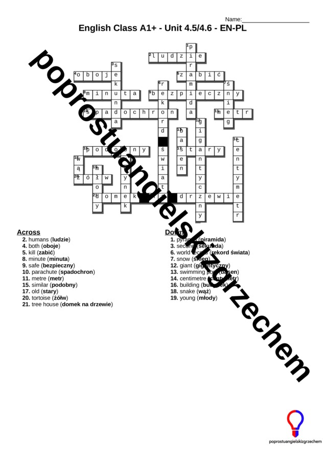 English Class A1+ – Unit 4 – krzyżówki