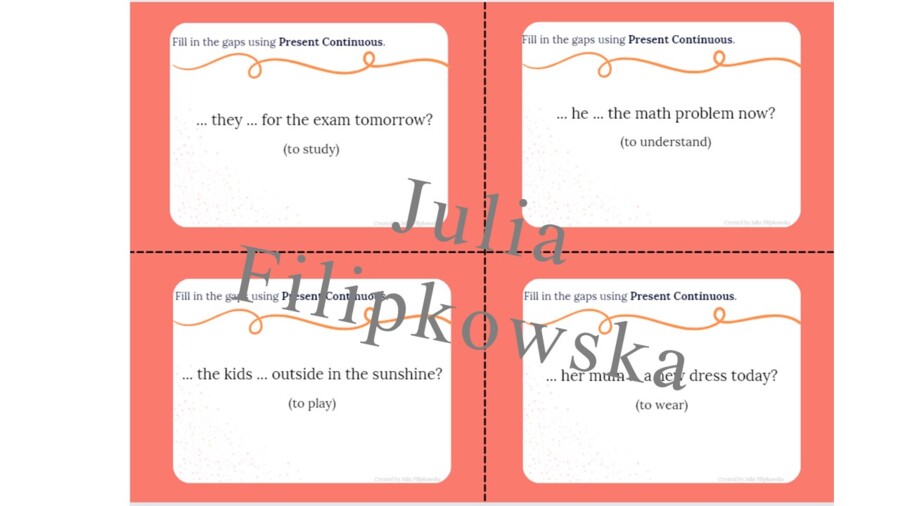Present Continuous/ Karty do mówienia/ Mówienie/ Speaking/ Zestaw/ Pakiet/ Konwersacje/ Klasy 4-8/ Klasy 4-6/ Klasy 6-8/ SP/ Warm-up/ Rozgrzewka/ Speaking cards/ Gramatyka/ Grammar/ Speaking cards grammar/ Grammar cards/ E8
