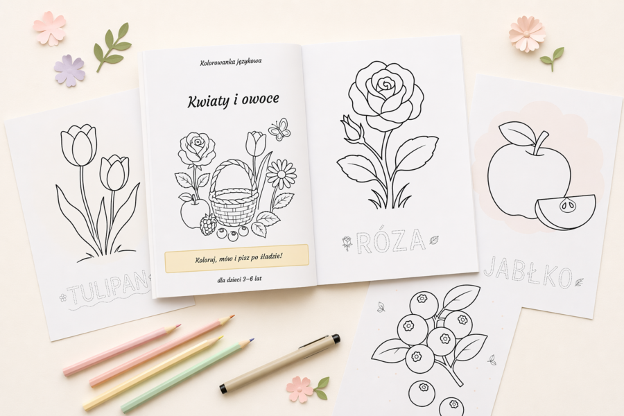 Kolorowanka językowa: Kwiaty i owoce