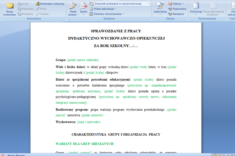 Roczne sprawozdanie nauczyciela przedszkola z pracy dydaktyczno-wychowawczo-opiekuńczej