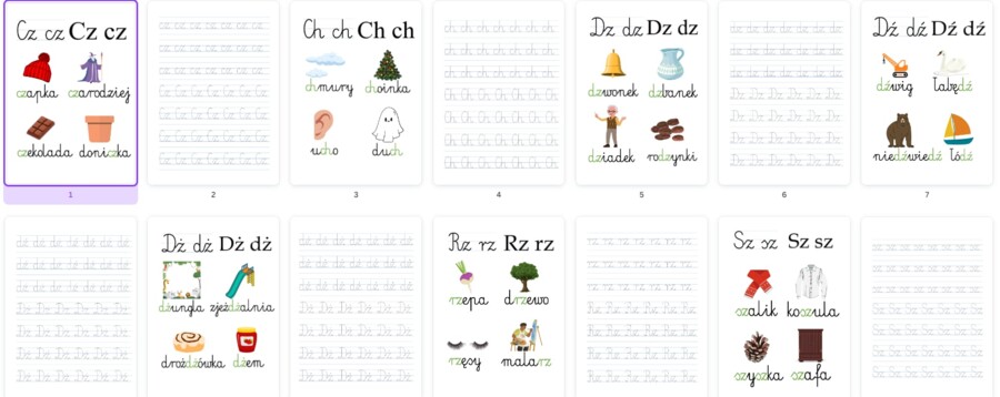 Plansze z dwuznakami + pisanie po śladzie