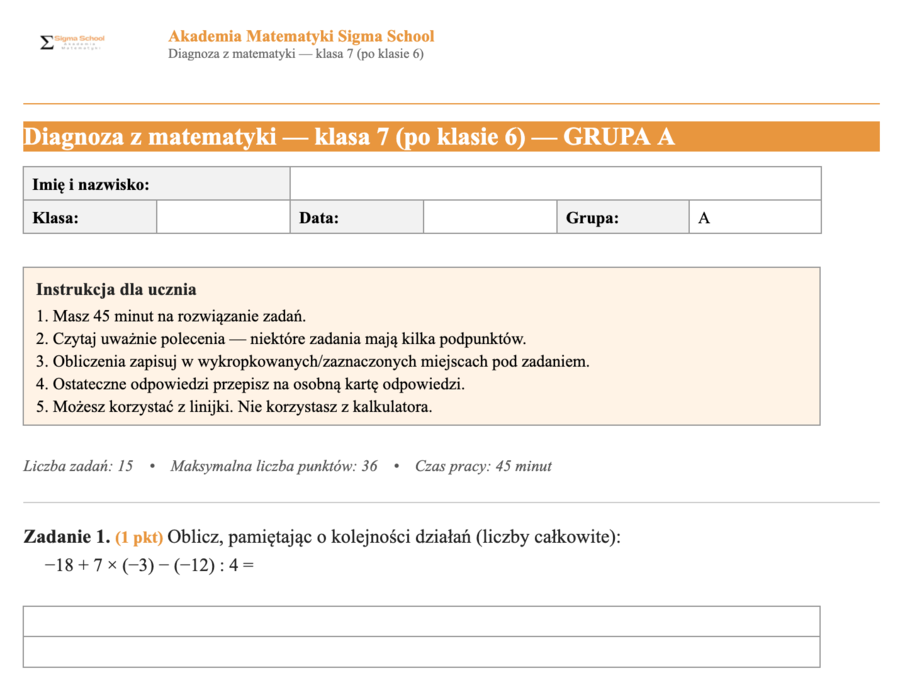 Diagnoza z matematyki na początek klasy 7 (po klasie 6)
