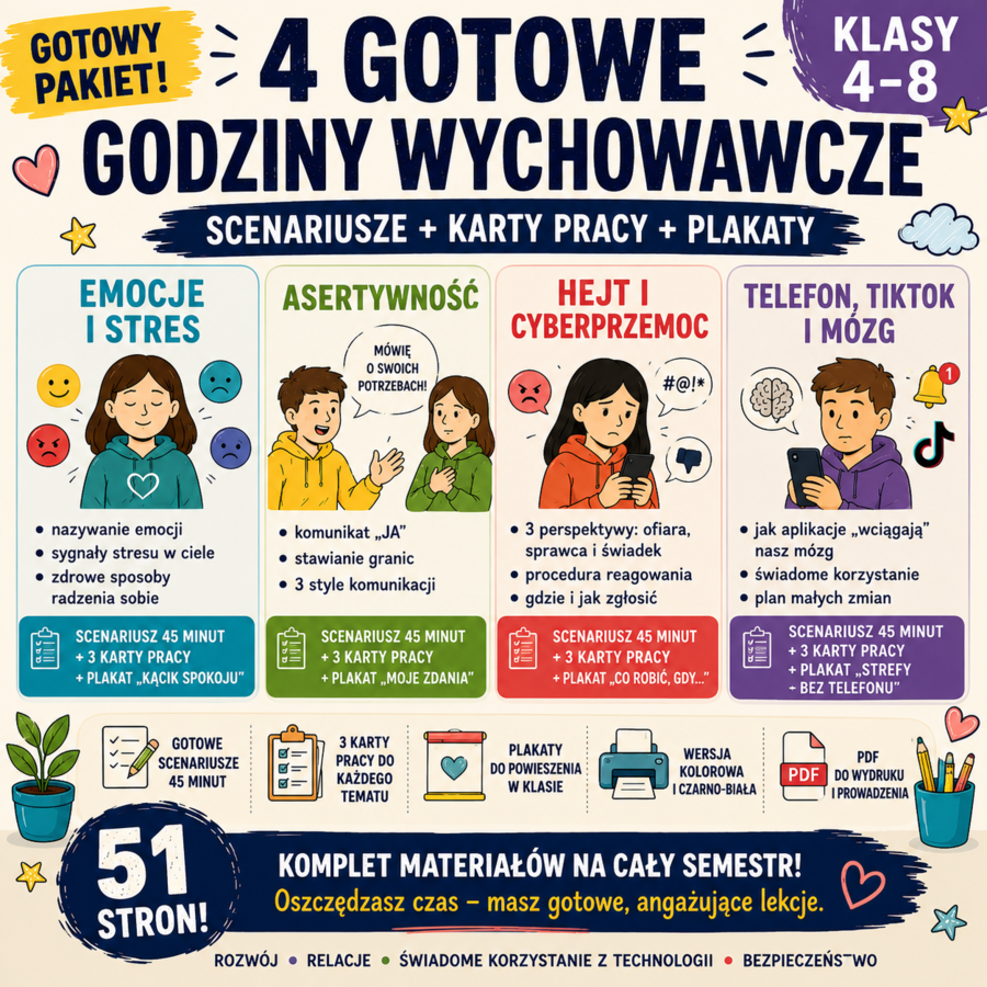 Pakiet godzin wychowawczych | 4 gotowe scenariusze + karty pracy + plakaty | Klasy 4–8
