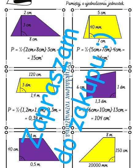 Karta pracy, kartkówka - obliczanie pól trapezów.