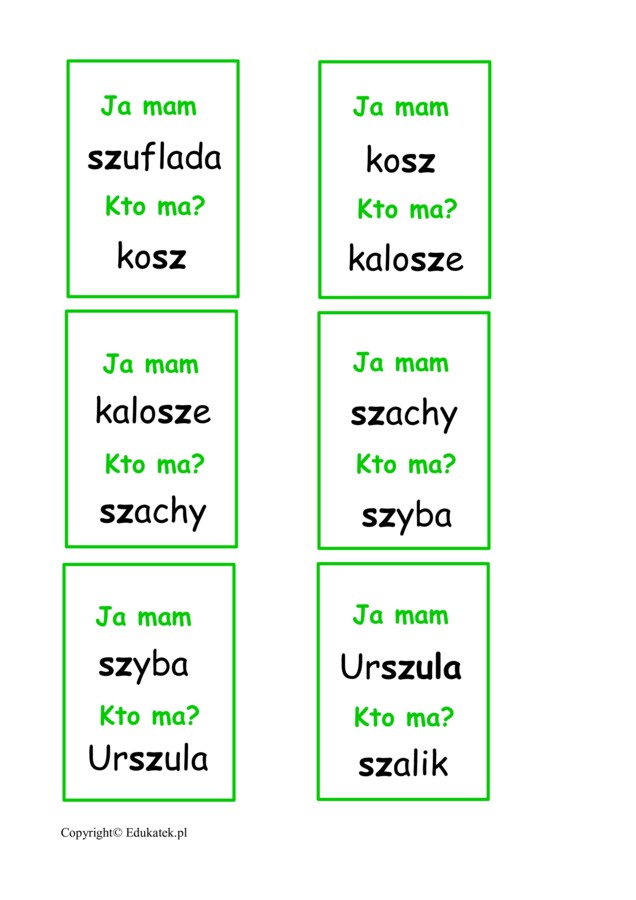Zestaw kart typu kto ma, ja mam – głoski szumiące