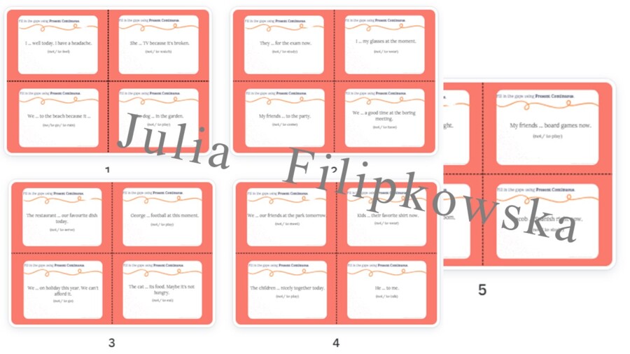 Present Continuous/ Karty do mówienia/ Mówienie/ Speaking/ Konwersacje/ Klasy 4-8/ Klasy 4-6/ Klasy 6-8/ SP/ Warm-up/ Rozgrzewka/ Speaking cards/ Gramatyka/ Grammar/ Speaking cards grammar/ Grammar cards/ E8