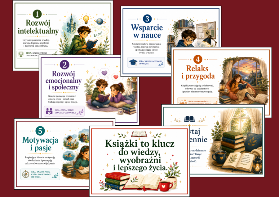 Zalety czytania książek – gazetka szkolna (15 stron)