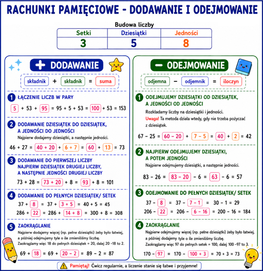 Notatka graficzna  wklejka klasa 4 SP szkoła podstawowa  WSiP GWO 1.1. Rachunki pamięciowe - dodawanie i odejmowanie