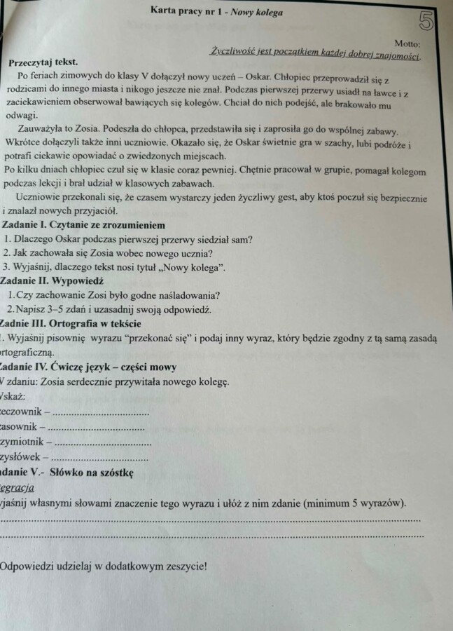 Czytam. Rozumiem. Myślę- karty czytania ze zrozumieniem dla klasy 5