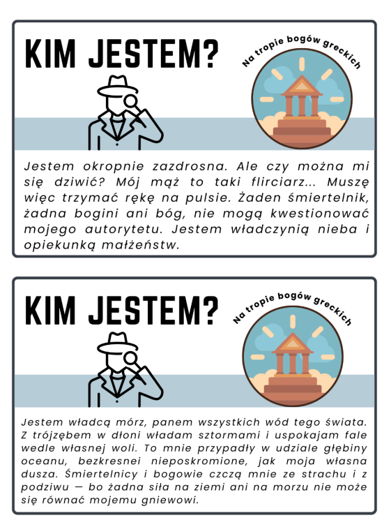 Zagadki dotyczące bogów greckich, gra dydaktyczna + odpowiedzi