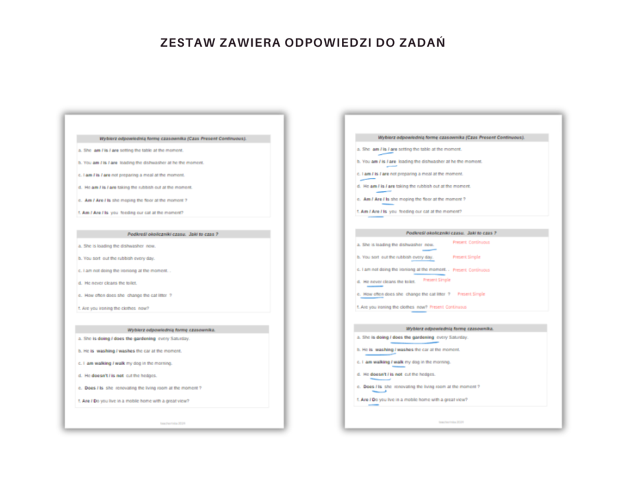 Karty pracy leksykalno-gramatyczne do rozróżniania czasów Present Simple i Continuous