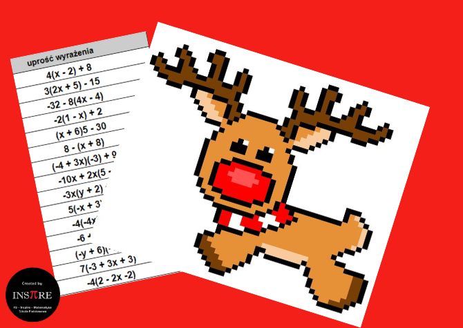 Renifer Rudolf - Wyrażenia Algebraiczne - UKRYTY OBRAZEK w Arkuszach Google, Excelu (edytowalny).