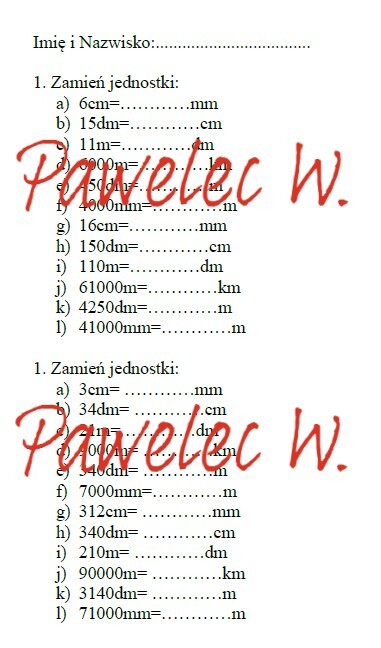 Jednostki długości, zamiana jednostek - kartkówka, dwie grupy