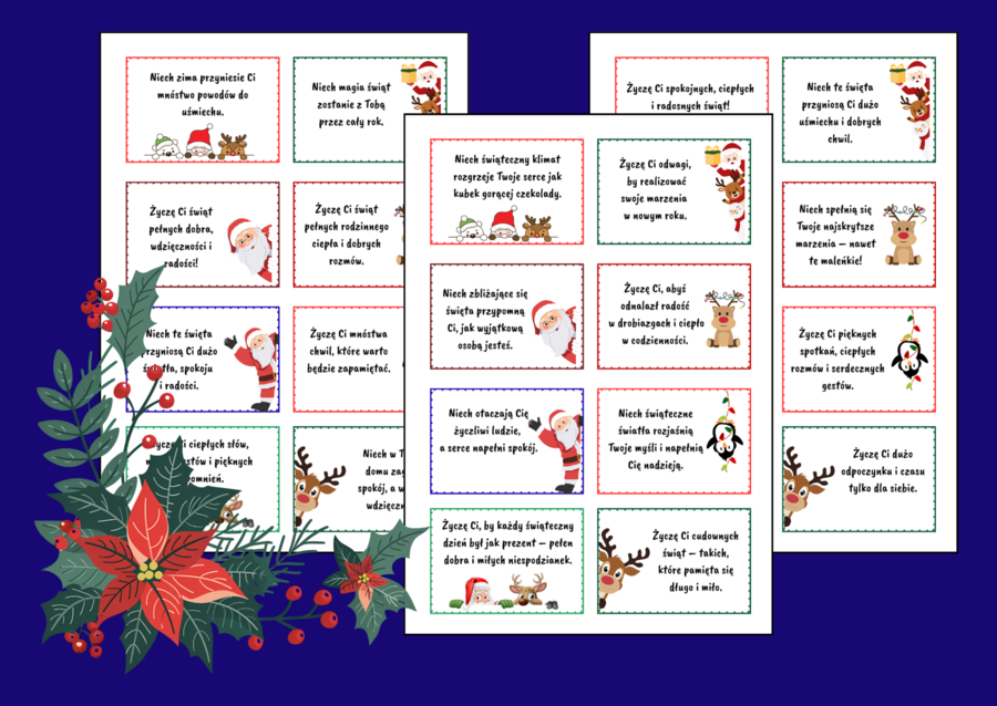 🎄✨❄️Świąteczna Skrzynka Dobrych Myśli – gotowe karteczki z życzeniami - 🎅Boże Narodzenie - biblioteka- zajęcia z wychowawcą - świetlica - 72 szt.