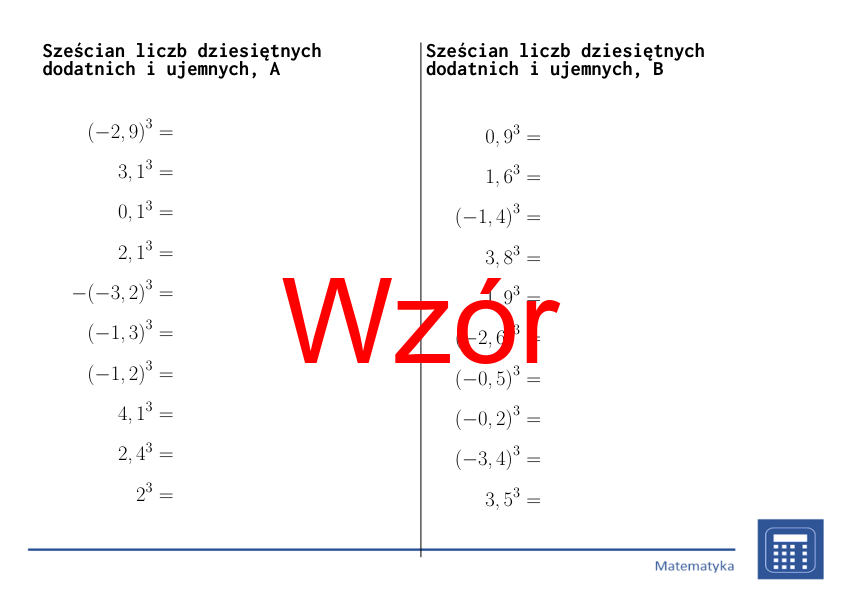 Sześcian liczb dziesiętnych dodatnich i ujemnych | matematyka | 26 kolumn