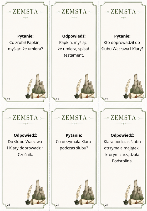 Zemsta - Aleksander Fredro - fiszki edukacyjne - pytania i odpowiedzi