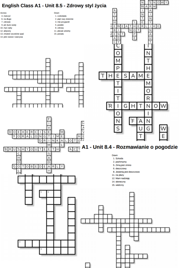 English Class A1 – Unit 8 – krzyżówki – Dyscypliny sportu/Out of class/8.3_8.6/Rozmawianie o pogodzie/Zdrowy styl życia