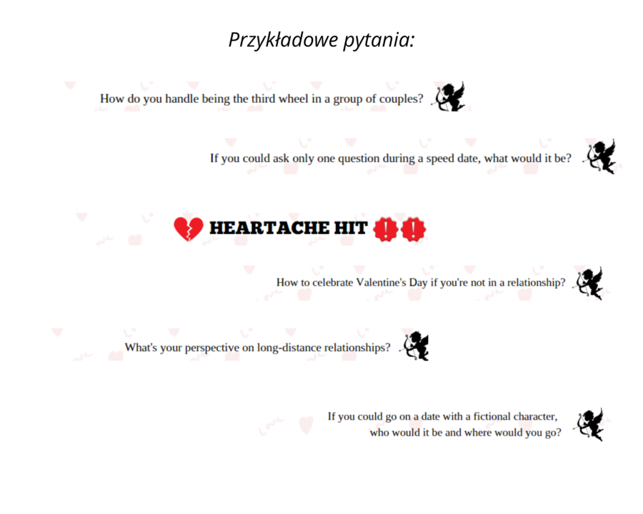 "Heartache Hit" - Love and Relationships Question Cards for Valentine's Day- 49 pytań związanych z miłością i związkami na Walentynki, gra w sylu kaboom dla poziomu średniozaawansowanego