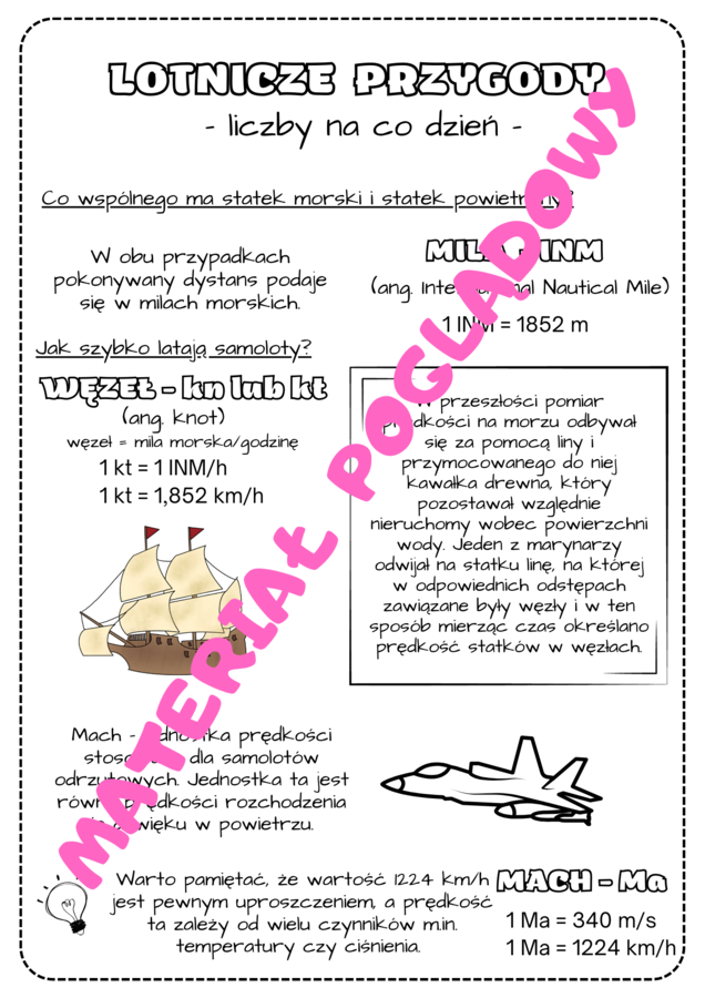 Projekt edukacyjny/innowacja - LOTNICZE PRZYGODY (liczby na co dzień, droga, prędkość, czas) klasa 6, klasa 7, klasa 8