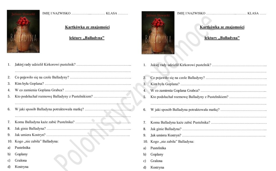 Kartkówka ze znajomości  lektury "Balladyna"