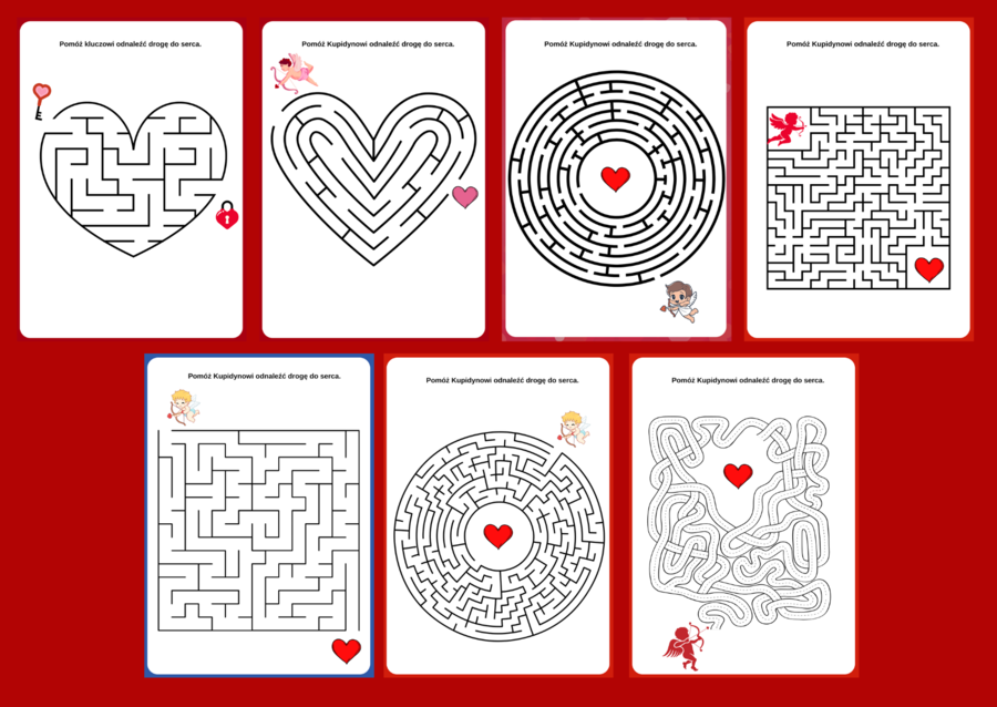 WALENTYNKI – biblioteka – świetlica – przedszkole – labirynty – labirynt – 14 wersji