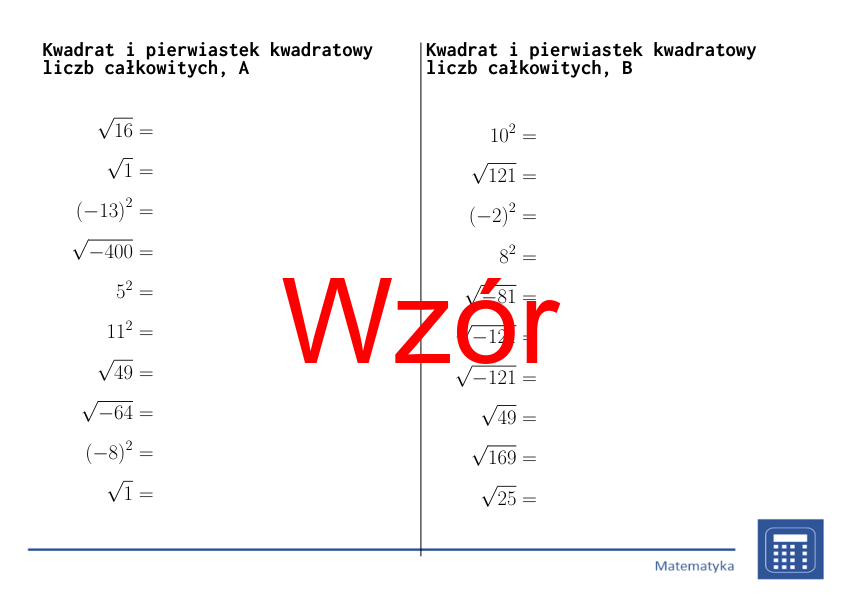 Kwadrat i pierwiastek kwadratowy liczb całkowitych | matematyka | 26 kolumn