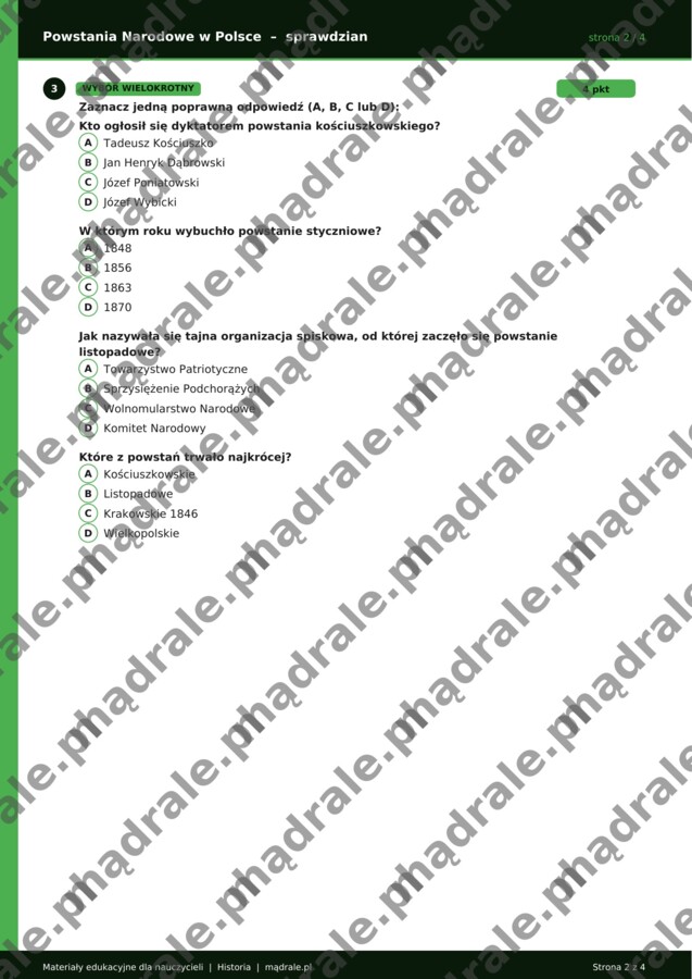 POWSTANIA POLSKIE SPRAWDZIAN / KARTA PRACY + NOTATKA HISTORYCZNA DLA UCZNIÓW DODATKOWO