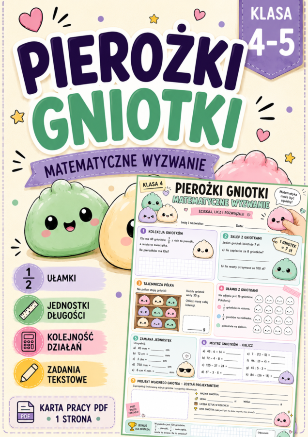 🥟 Pierożki Gniotki – matematyczne wyzwanie | karta pracy PDF | klasy 4–5