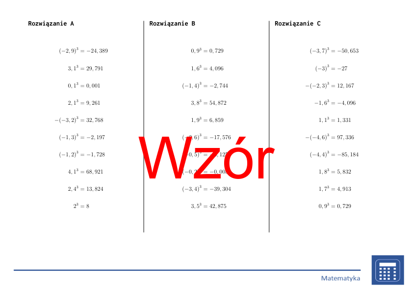 Sześcian liczb dziesiętnych dodatnich i ujemnych | matematyka | 26 kolumn