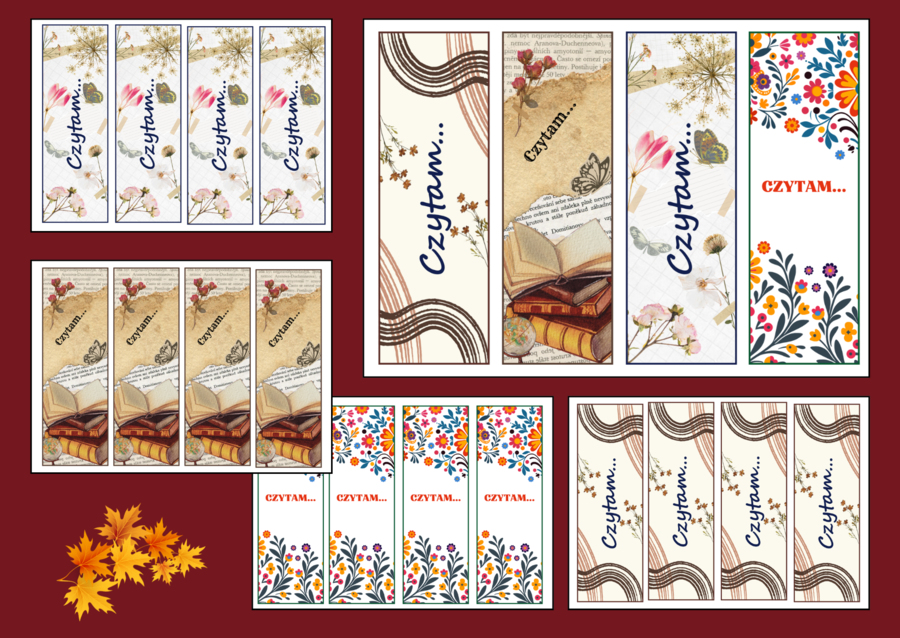 🍁 "Czytam..." - JESIENNE zakładki do książek – 🍂zakładka - biblioteka - jesień - wersja 1