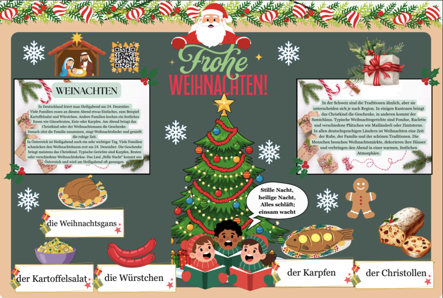 Gazetka w języku niemieckim „Frohe Weihnachten"| Nowoczesna i edukacyjna dekoracja idealna do klasy/biblioteki/korytarza| Główna grafika w formie plakatu 4 x A 4| Kod QR do kolędy " Stille Nacht"
