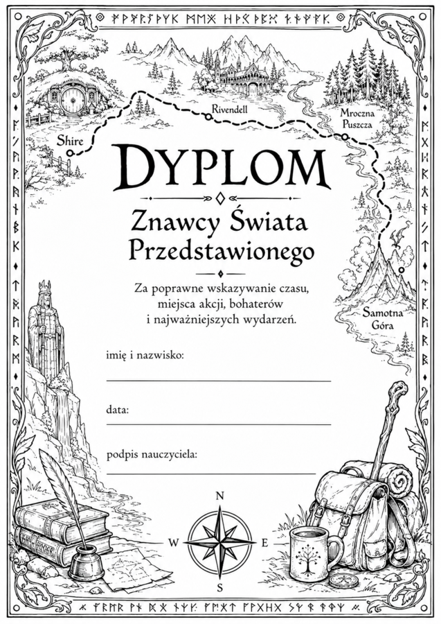 Certyfikaty/ Dyplomy inspirowane lekturą "Hobbit" czarno-białe