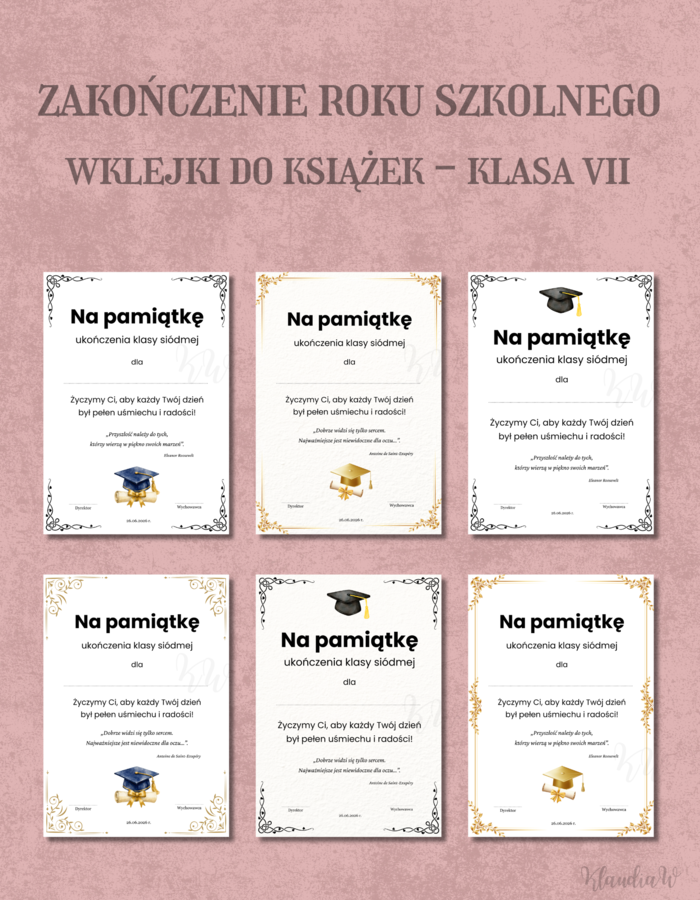Wklejki do książek na zakończenie roku - klasa 7