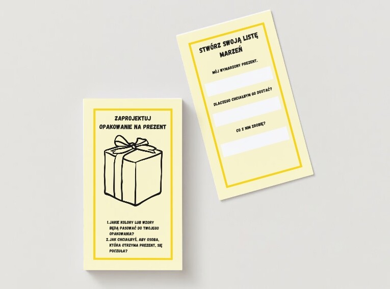 Karty z listą prezentów. Wesołe karty z obrazkami prezentów.