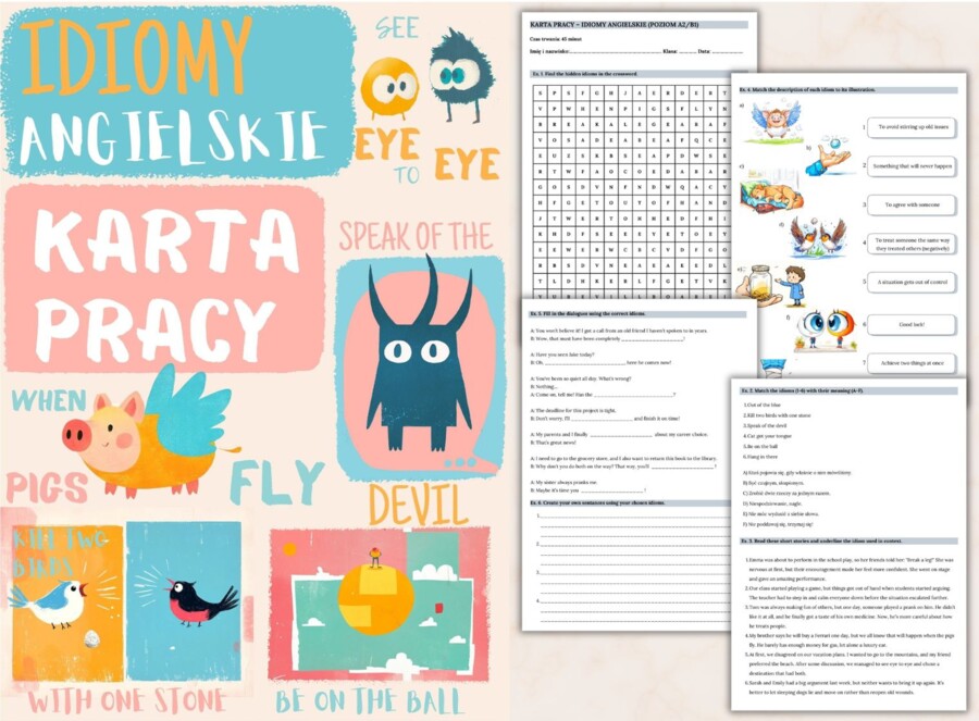 Najpopularniejsze angielskie idiomy – Karta pracy dla uczniów, Ćwiczenia zwrotów – język angielski, (poziom A2/B1, szkoła podstawowa), PDF do druku