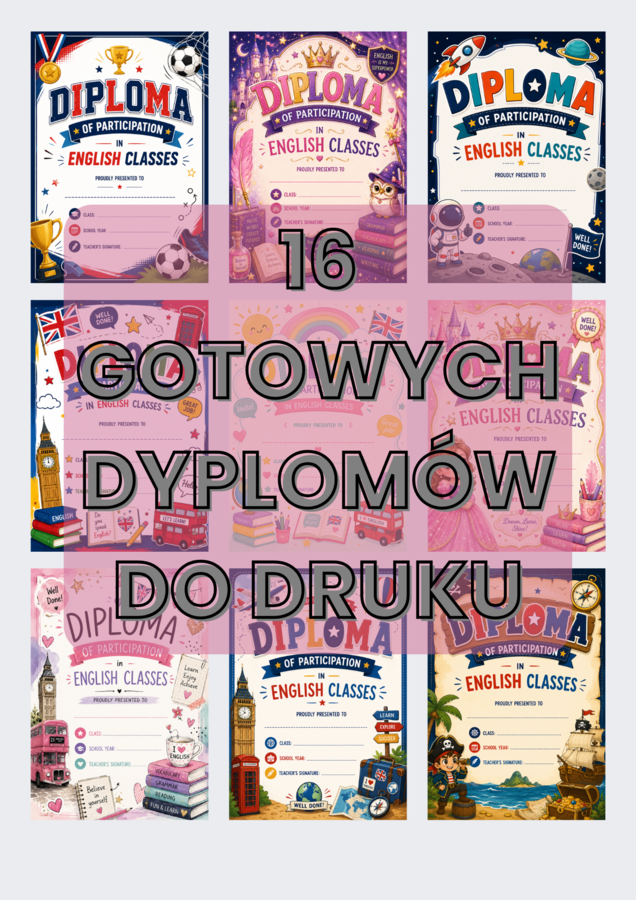 Dyplomy z Języka Angielskiego dla Przedszkola i Klas 1–3 – 16 Wzorów PDF do Druku
