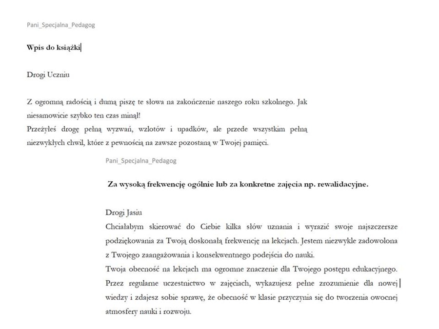 List do ucznia. Wpis do książki. List doceniający. Wychowawca.