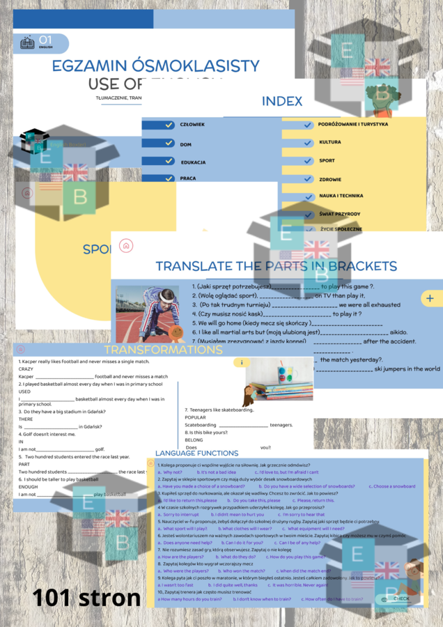 EGZAMIN ÓSMOKLASISTY : USE/TŁUMACZENIA, TRANSFORMACJE I REAKCJE - wszystkie 14 działów