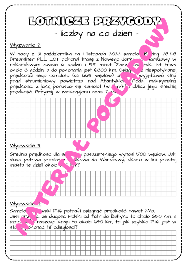 Projekt edukacyjny/innowacja - LOTNICZE PRZYGODY (liczby na co dzień, droga, prędkość, czas) klasa 6, klasa 7, klasa 8