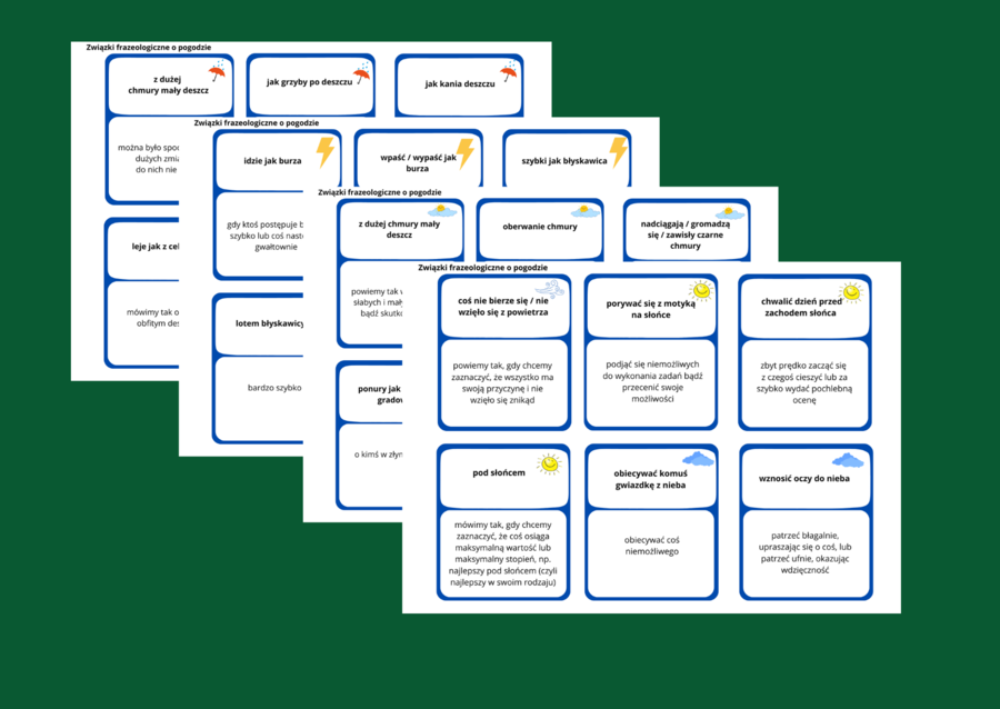 ZWIĄZKI FRAZEOLOGICZNE związane z pogodą– fiszki - układanka – kl. 4-8 – egzamin – powtórzenie- ćwiczenia – frazeologizmy