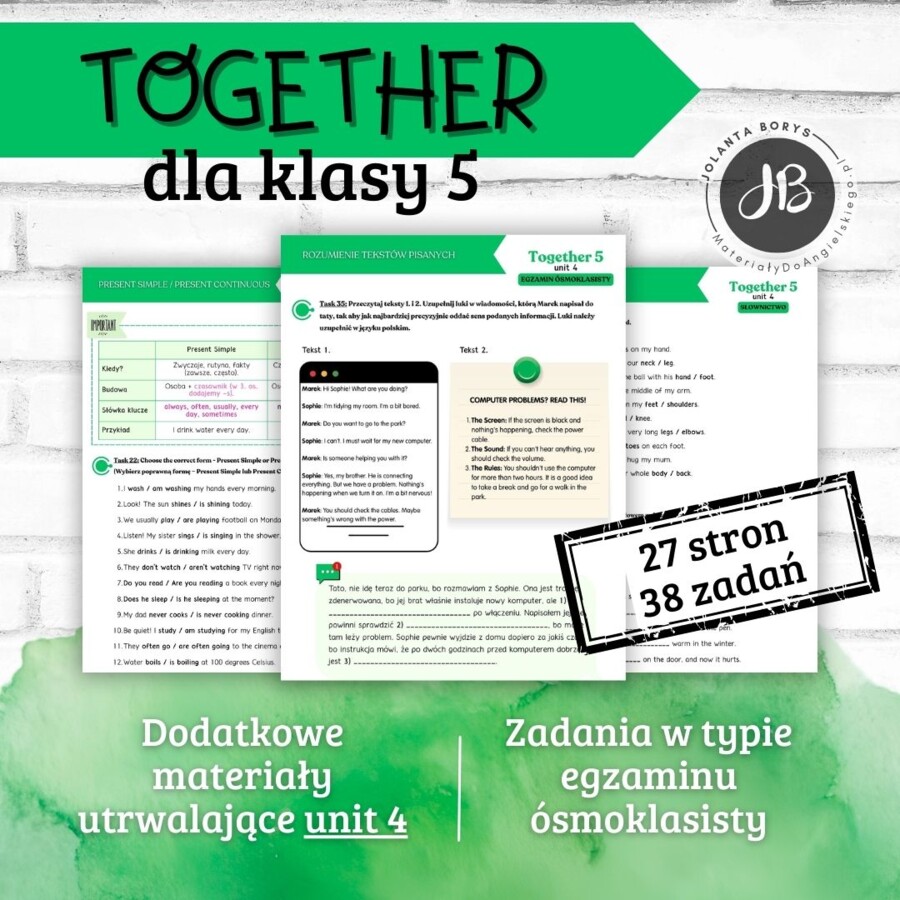 Together 5 Unit 4: Body and mind – materiały dodatkowe: słownictwo, gramatyka, komunikacja, czytanie, egzamin ósmoklasisty – karty pracy, ćwiczenia