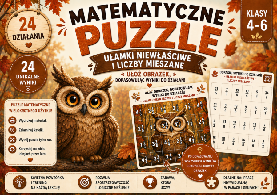 🦉 Matematyczne puzzle do ćwiczenia zamiany ułamków niewłaściwych na liczby mieszane. Uczniowie dopasowują wyniki i odkrywają ukryty obrazek. Idealne dla klas 4–6!
